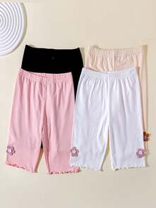 4pcs/Pack Girls' Cute Solid Color Short Shorts, Thin Safety Pants With Bow Decor, Simple Design - Multicolor - View 3