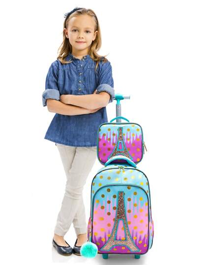 BLING BABIES 3Pcs Set Rolling Backpack For Girls Pink Green And Gold Tower Design Cute Colorful Bookbag For Elementary Students Kids Wheeled School BookBag With Lunch Box And Pen Bag Glow-In-The-Dark Function