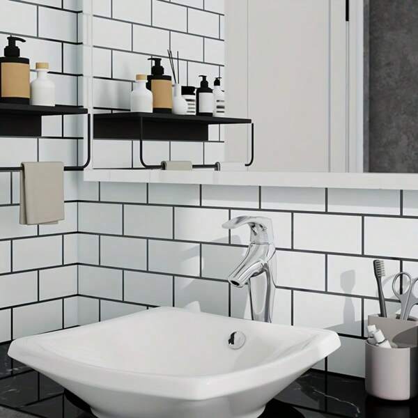 1 Roll White Tile Pattern Wallpaper, Easy To Clean, Removable, Peelable, Suitable For Kitchen, Bedroom, Living Room And Bathroom, 950x40cm