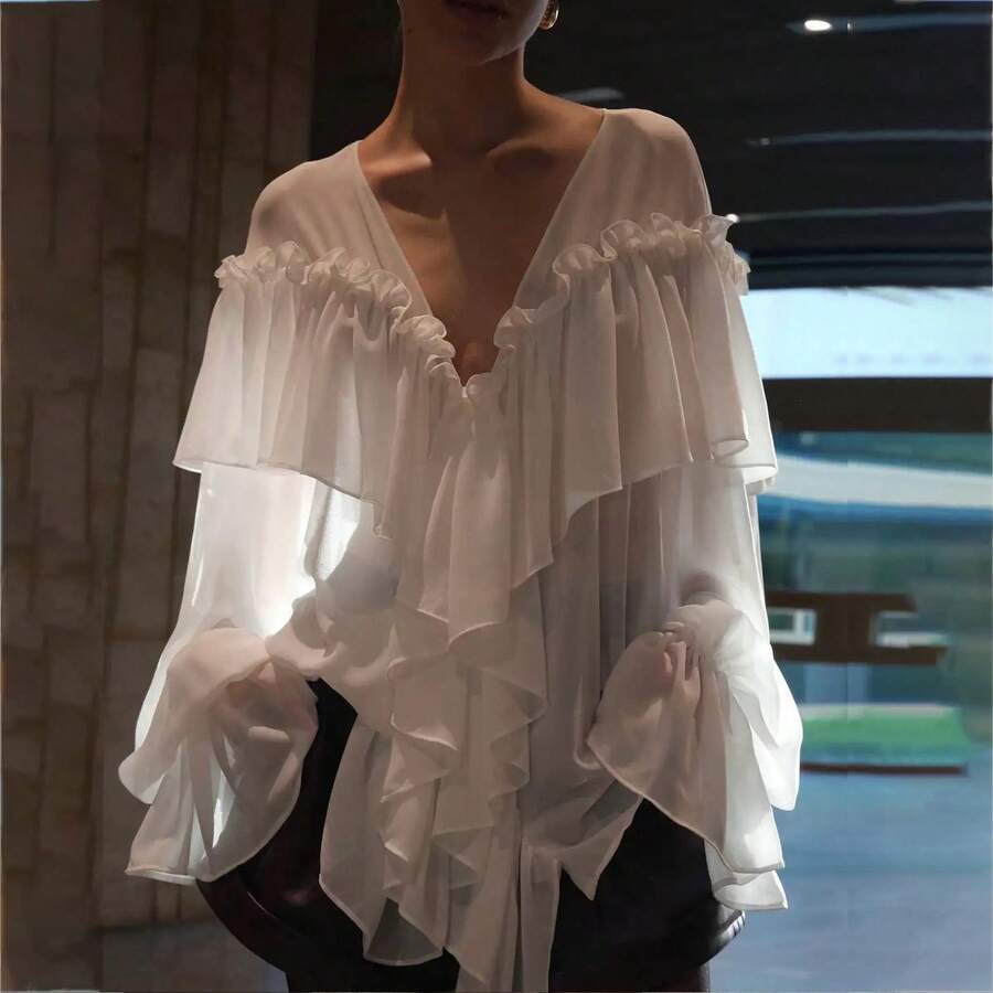 Ruffle Hem Chiffon Shirt, V-Neck See-Through Shirt, Ladies Summer Top, Breathable And Light, Ladies Shirt - Ngà voi - Xem 1