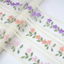 2 Yards Embroidered Floral Ribbon] Embroidered Lace Trim Ribbon, 2 Yards, Mixed Color Floral Design For DIY Crafts, Clothing, Bedding, And Window Treatments - Multicolor - View 1