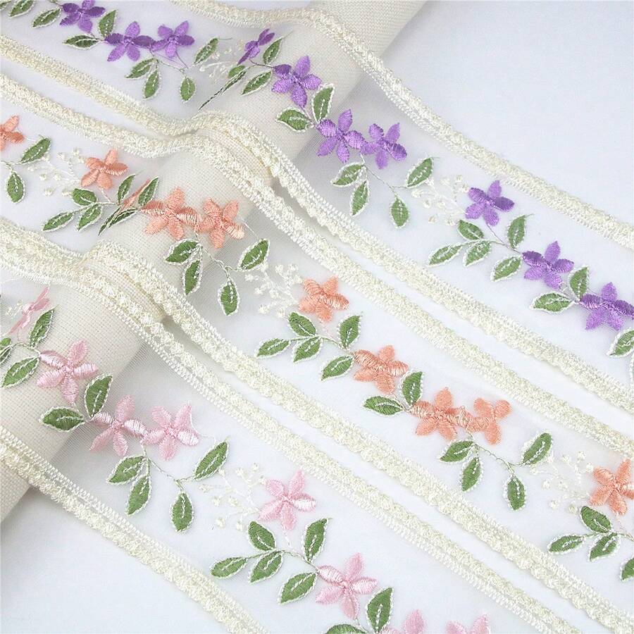 2 Yards Embroidered Floral Ribbon] Embroidered Lace Trim Ribbon, 2 Yards, Mixed Color Floral Design For DIY Crafts, Clothing, Bedding, And Window Treatments - Multicolor - View 1