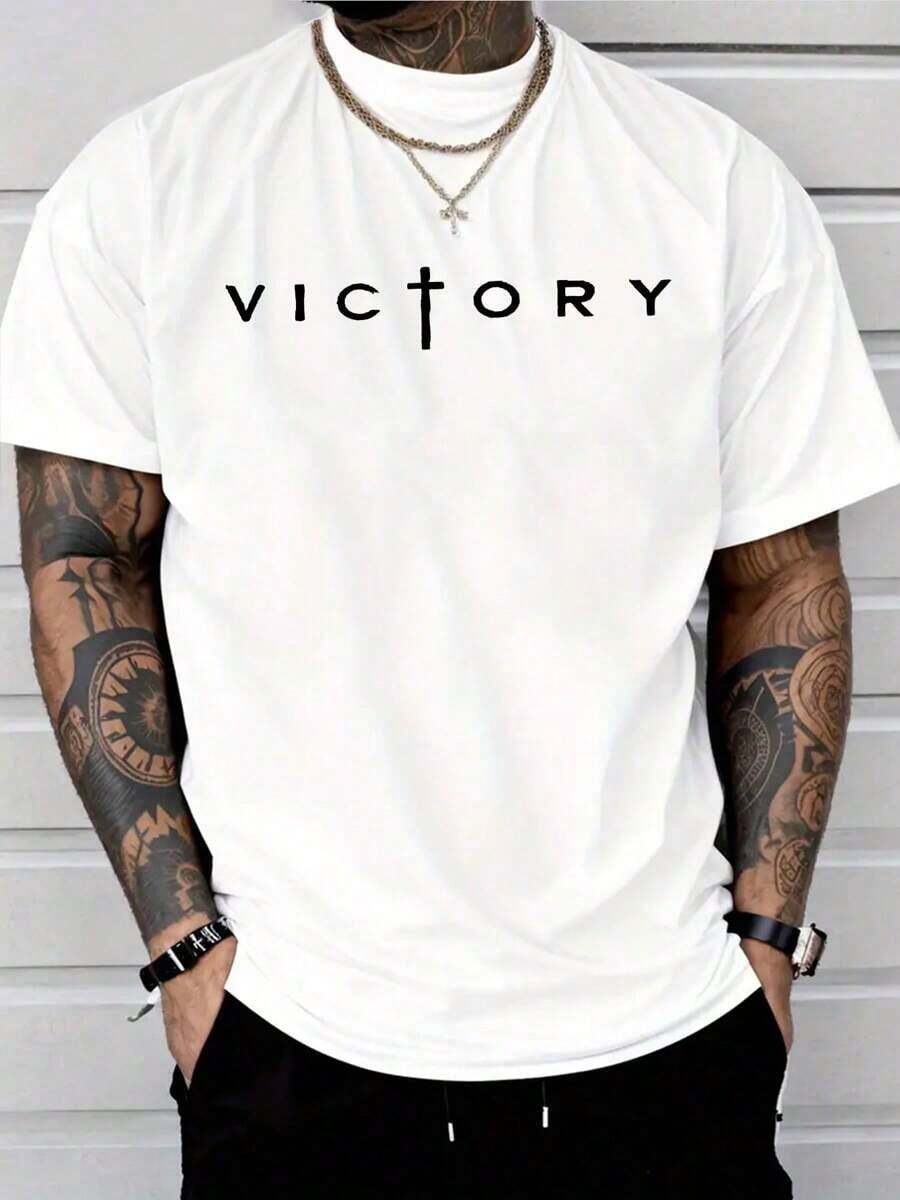 PAYEAH Men's Letter Print Shirt Crew Neck Short Sleeve Summer Tee Shirts Tops 100% Comfortable Cotton - 白色 - 查看 1