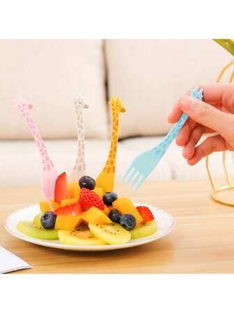 4/12/24件长颈鹿水果叉，可爱儿童塑料餐具套装，创意甜点叉，学校用品