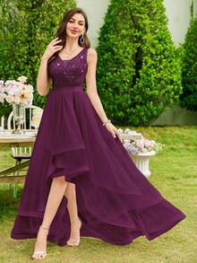 MIUSOL Elegant Women's Maroon Sequin Floral Lace V-Neck Sleeveless Mesh Swing Maxi Dress With Layered Ruffle High Low Hem, For Formal Wedding Guest, Prom, Graduation, Evening Party, Dinner - 紫紅色 - 查看 4