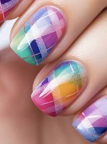 24pcs Set Of Colorful Plaid Press-On Nails - Medium Square, Glossy Finish With Stripe Design For Hands & Feet Care