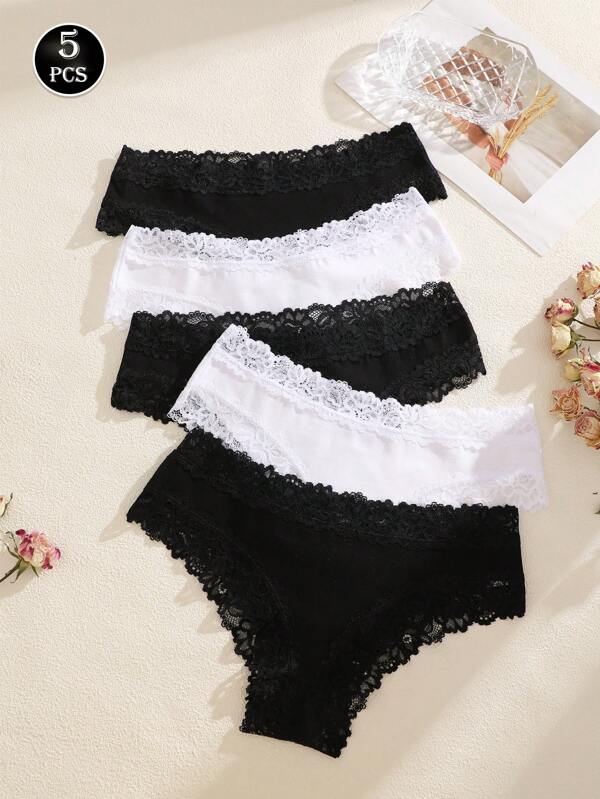 5 pièces Culottes triangulaires pour femmes, de couleur unie avec bord en dentelle rayé, sexy et respirant