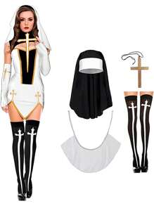 4pcs Nun Costume Accessory Set - Nun Costumes Include Headbands, Collars, Cross Necklaces And Women's Socks - Suitable For Women, Role-Playing Parties And Themed Party Balls