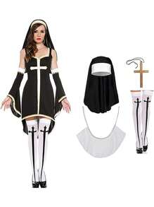4pcs Nun Costume Accessory Set - Nun Costumes Include Headbands, Collars, Cross Necklaces And Women's Socks - Suitable For Women, Role-Playing Parties And Themed Party Balls
