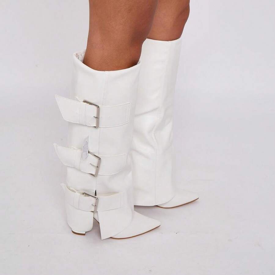 Ladies Knee High Smart Legs Boot Stretch Elastic Gusset Zip Buckle Warm Winter Shoes Women Footwear - WHITE BUCKLE - View 1