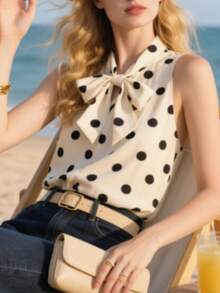 女式新款复古休闲性感时尚波尔卡圆点无袖上衣，优雅衬衫 - 杏色 - 查看 1