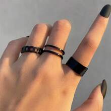 3pcs Hip Hop Personalized Wide Face Open Finger Chain Knuckle Rings For Women, Party & Gift - Black - View 4