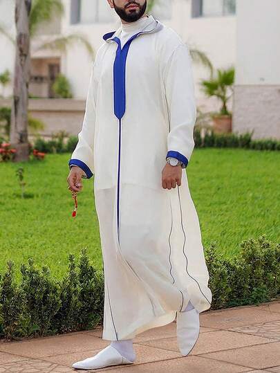传统时尚宽松男士撞色条纹长袖连帽长袍，伊斯兰阿拉伯长袍/白色服装