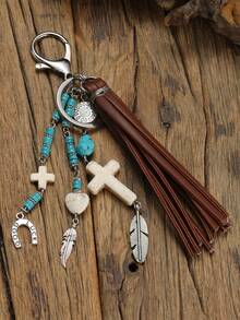 1 pieza Llavero de estilo vaquero occidental retro, llavero con colgante de borla, turquesa, cruz, hoja, herradura, llavero de cuentas de turquesa y borla, regalo de estilo occidental, llavero de cruz, decoración de borla, vaquera hippie occidental, llavero de coche, llavero de cruz, accesorio de bolsa, regalos para uso diario, hombres y mujeres, accesorios de coche/bolsa, mochila, recuerdo, regalo