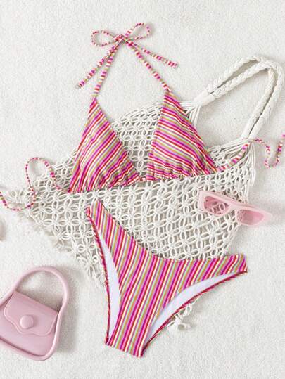 Bikini a righe con fascia per il collo a triangolo, reggiseno con coppa divisa, costumi da bagno freschi e semplici, bikini da bagno termale