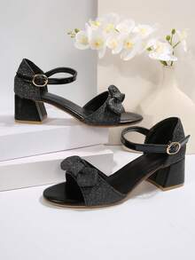 1 Pair Shiny Glitter Bow-Knot T-Strap Platform Round Toe Sandals, 5cm Chunky Heel, Elegant Fashion Comfortable Sandals For Teenage Girls, Suitable For Daily, Party, Wedding, Office, Indoor & Outdoor, Spring & Summer 2025 New Arrival - Black - View 8