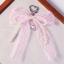 Korean Style Elegant Light Color Ribbons Bow, Faux Pearl Keychain Pendant, Sweet Lace Bag Accessory Car Accessories Bag Charm School Pearl Cute Goth Y2k