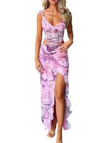 Women Two Piece Bodycon Skirts Set Sleeveless V Neck Open Back Tie Floral Cami Top Vest + High Split Ruffled Long Skirt Outfit - Pink - View 2