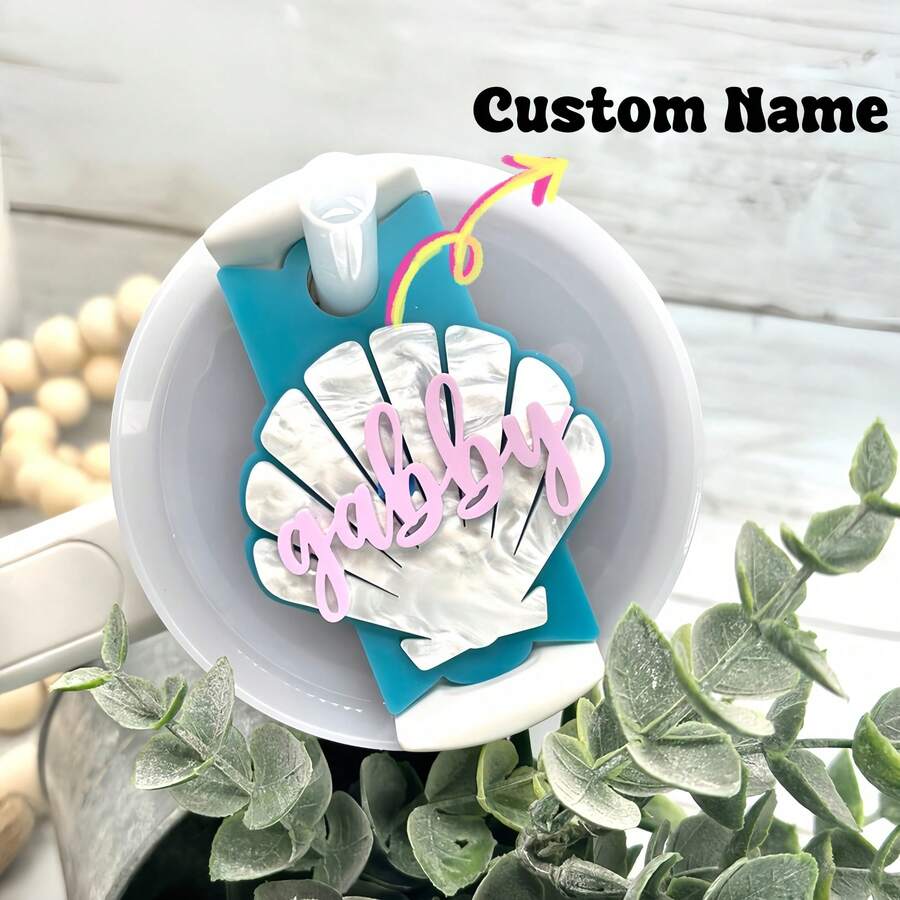 Etiqueta para vaso de playa de 20, 30 u 80 oz, adorno con nombre de playa, accesorios personalizados para vaso con concha, placa con nombre de concha, vibraciones de verano, sirena