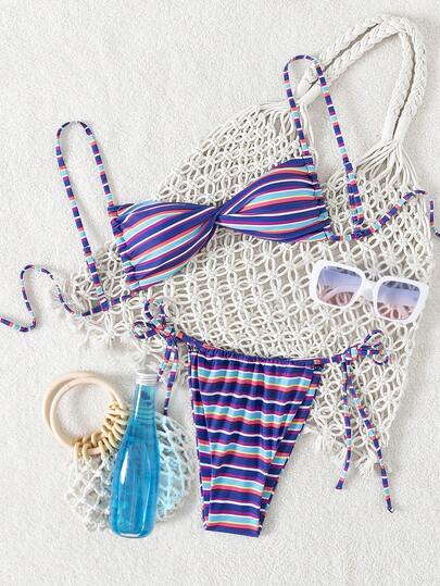 Bộ bikini nữ mùa hè mới, kẻ sọc, có thể điều chỉnh, gợi cảm, thoải mái, thích hợp cho kỳ nghỉ biển, đồ bơi nữ.