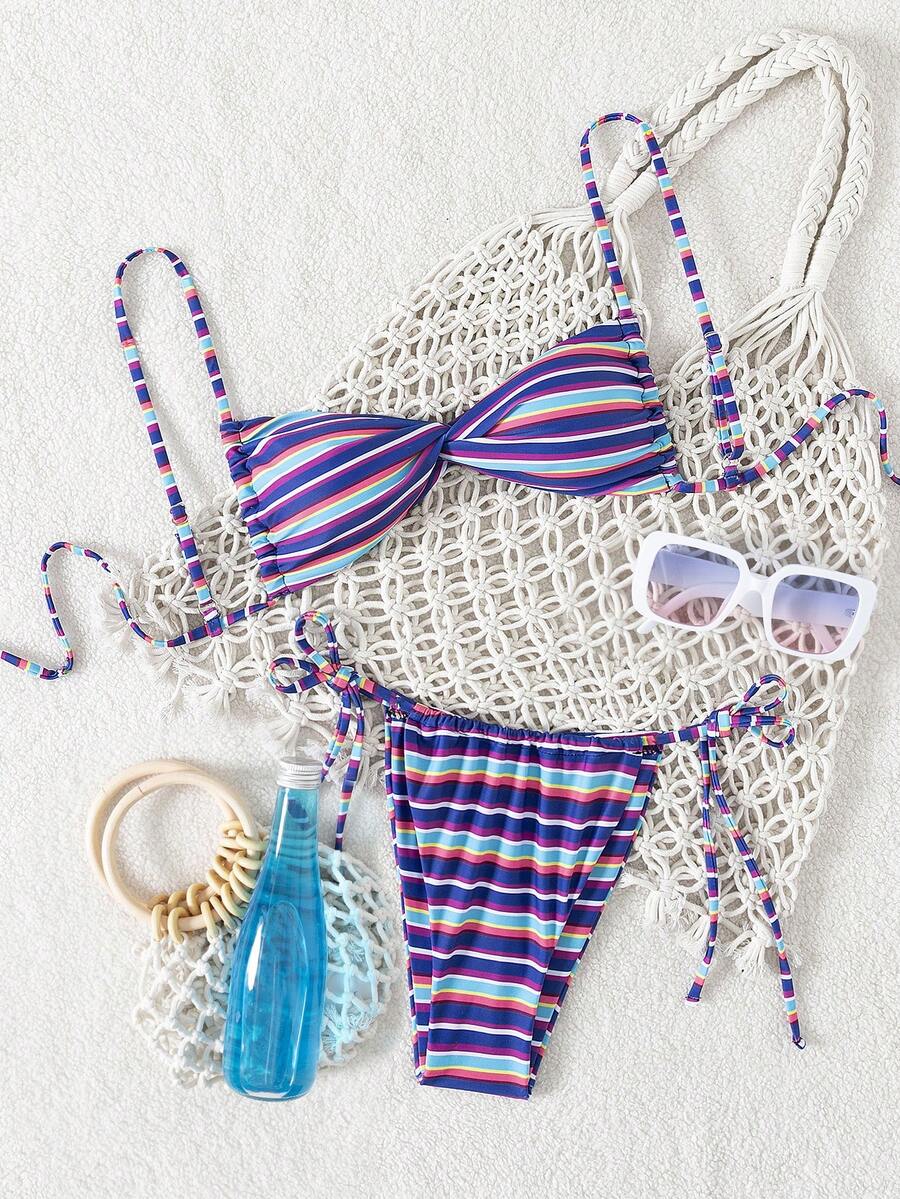 Bộ bikini nữ mùa hè mới, kẻ sọc, có thể điều chỉnh, gợi cảm, thoải mái, thích hợp cho kỳ nghỉ biển, đồ bơi nữ. - Nhiều màu - Xem 1