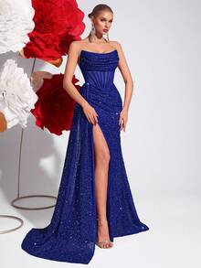 ADYCE Sequin Bandeau Hollow Out High Waist Long Tie Side Split Backless Party Evening Dress Sequin Tie Front Top - Xanh đậm - Xem 3