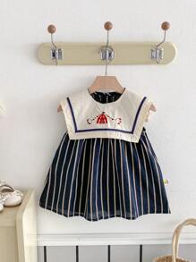 Robes de bébé fille col marin, style coréen robe en jean douce pour bébé/tout-petit, tenue d'été