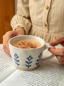 1 Stück/2 Stücke blaue Blumen Kaffeetasse, künstlerischer INS Stil Latte Art handbemaltes Blumen Design, hochwertige Keramik Trinkbecher für Café, Restaurant, Zuhause, Rückkehr zur Schule, Geschenk, Kaffee Ecke