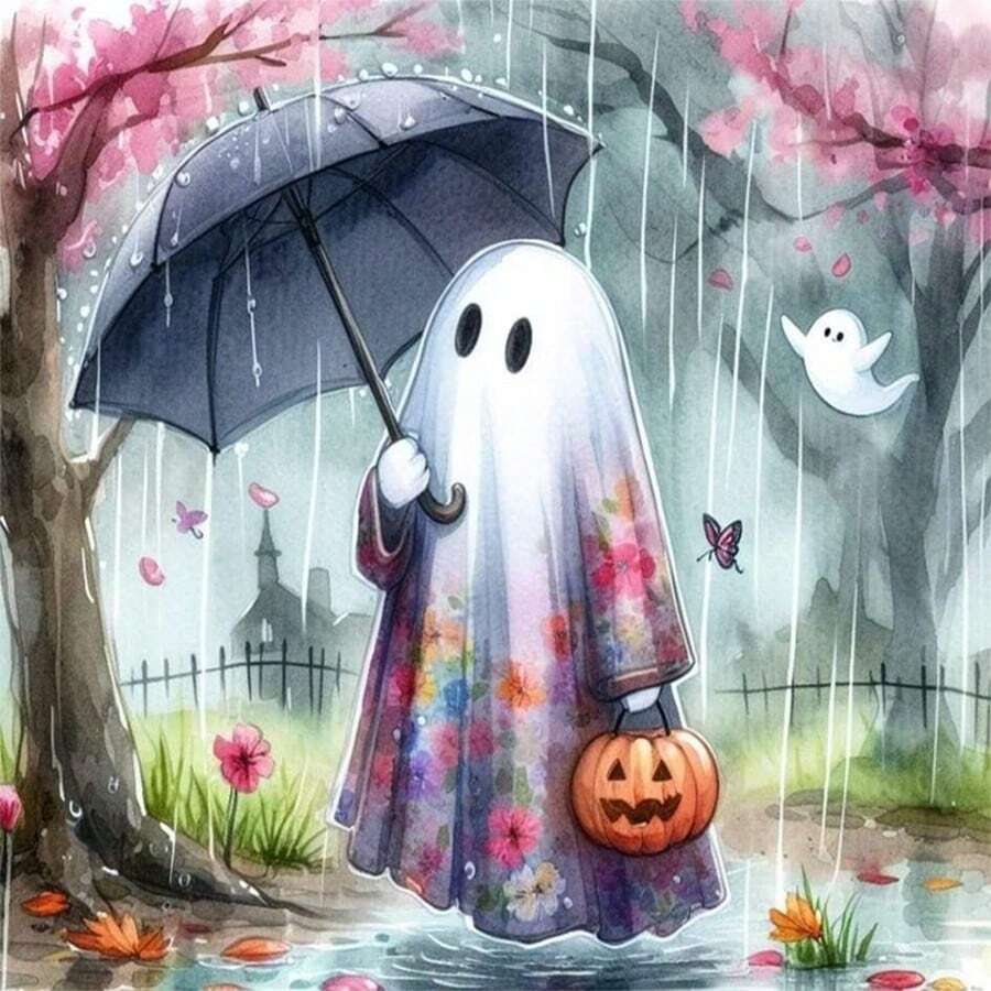 DIY 5D Diamond Painting Kit, Ghost Design - Full Round Diamond Diamond Painting Set, Leisure & Stress Reliever, Handmade Diamond Painting With Perfect Effect, Exquisite Artwork For Wall, Entryway, Bedroom Decor, Halloween Decorative Gift Home Decor Fall Decor