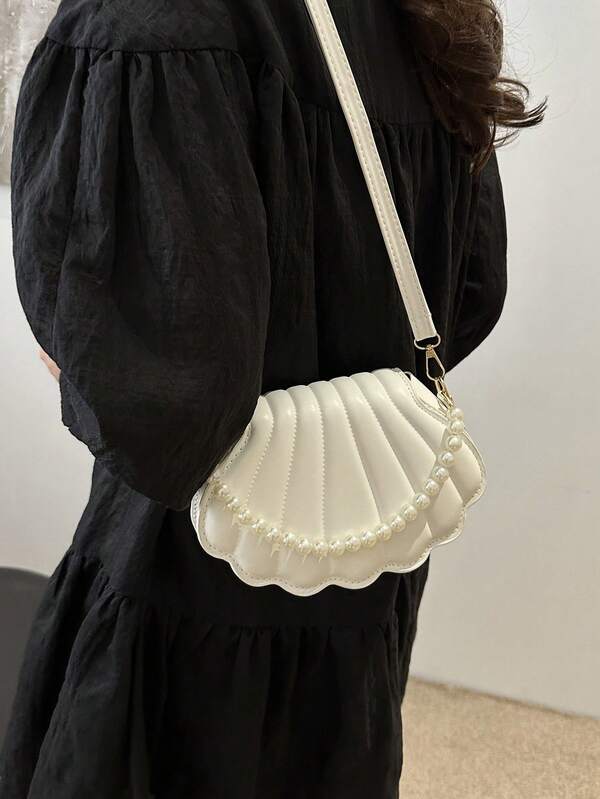 Elegant Faux Shell Faux Pearl Embossed Flap Bag, Elegant Shell Bag, Perfect For Parties, Weddings, Dinners & Banquets, Matches Wedding Dresses, Formal Wear, Prom Gowns, Birthday Outfits & Women's Party Attire
