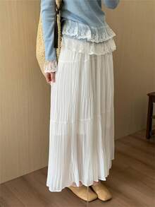 Women's Pleated Flowy Maxi Skirt - Summer A-Line Beach Skirt With Elastic Waist For Vacations/Resort Wear/Street Style, Lightweight Wrinkle-Resistant Lounge Skirt In Solid Colors - 白色 - 查看 5