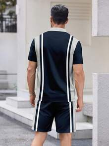 Men's Mixed Pattern Print Polo Shirt And Short 2pcs Set, Business Casual - Multicolor - View 3