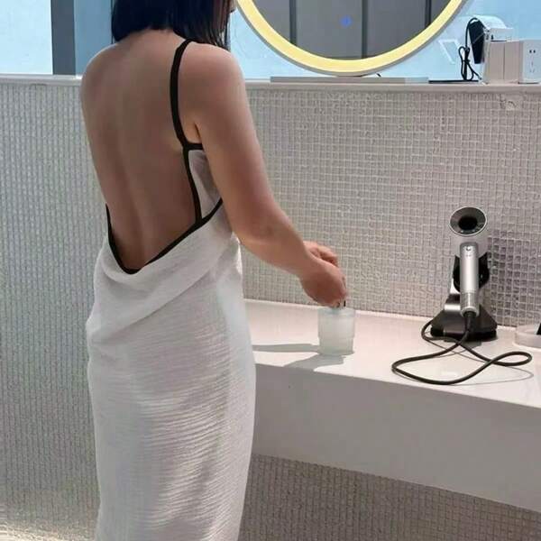 Cotton Gauze Absorbent Bathrobe With Adjustable Straps, Women Sleeveless Sexy Open Back Loungewear, Quick Drying Soft Bathrobe For Home And Travel, Suitable For All Seasons