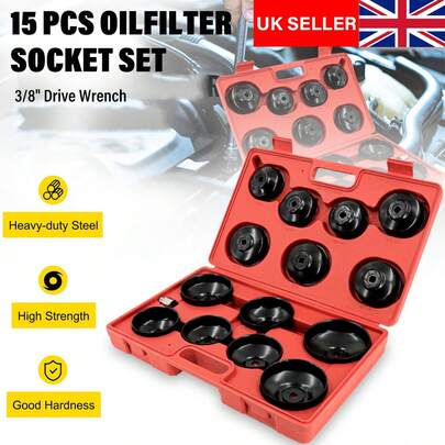 16Pcs Socket Type Oil Filter Removal Puller Cup Tool Kit Set Adaptor Garage 3/8" With Case