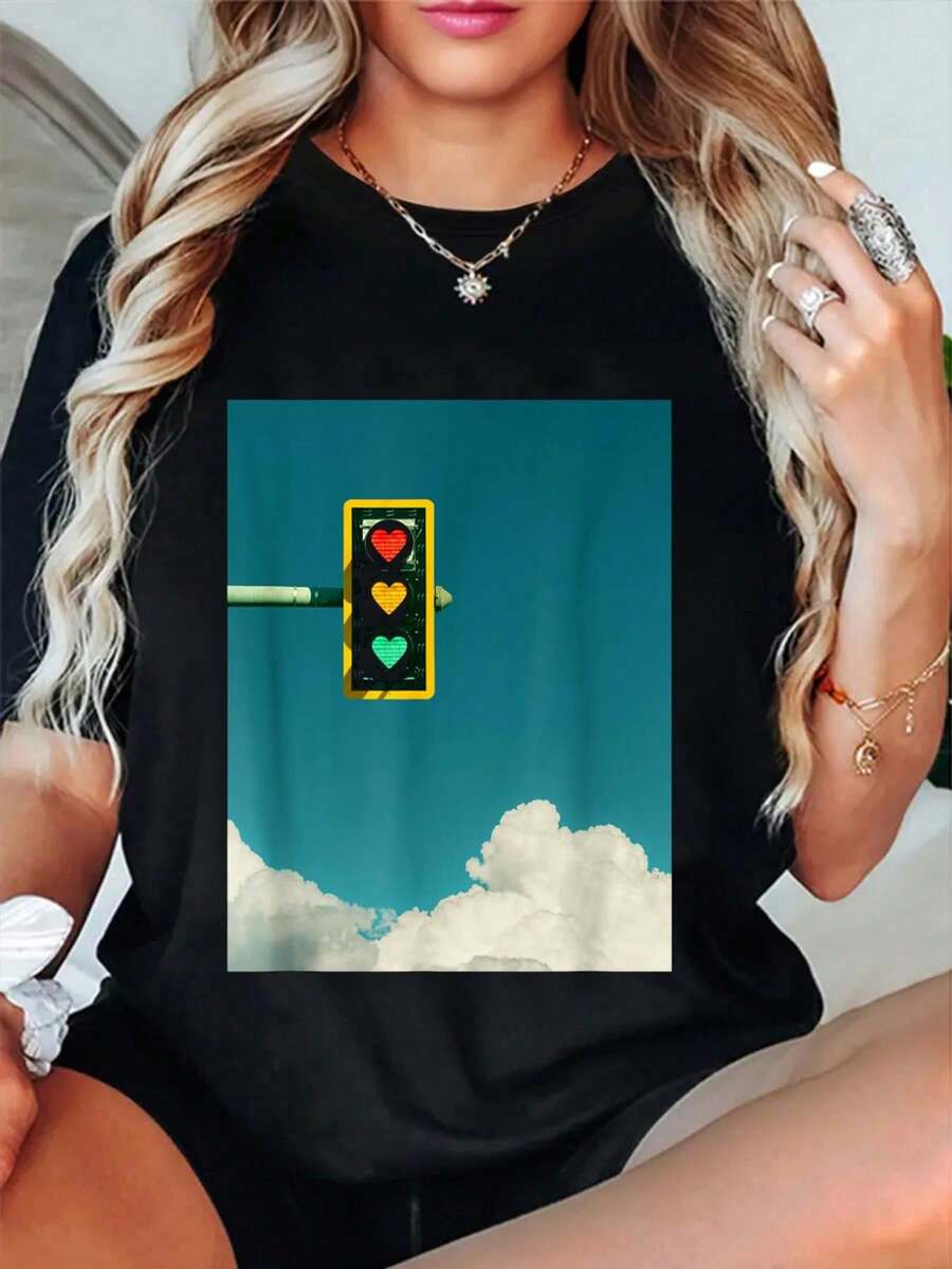 Indie Aesthetic Y2k Light Traffic Heart Teen Girls 90s T-Shirt Summer Outfits For Women T Shirts Women Graphic Tees Women - Black - View 1