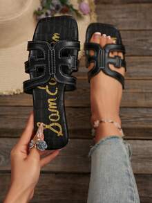 شبشب مسطح لا يربط بلون أسلحة مفتوح للسيدات، خفيف الوزن، فاخر لارتداء الصيف، عصري بأسلوب كوري وفرنسي مناسب للفساتين، للشاطئ والخارج - الأسود - مشاهدة 1