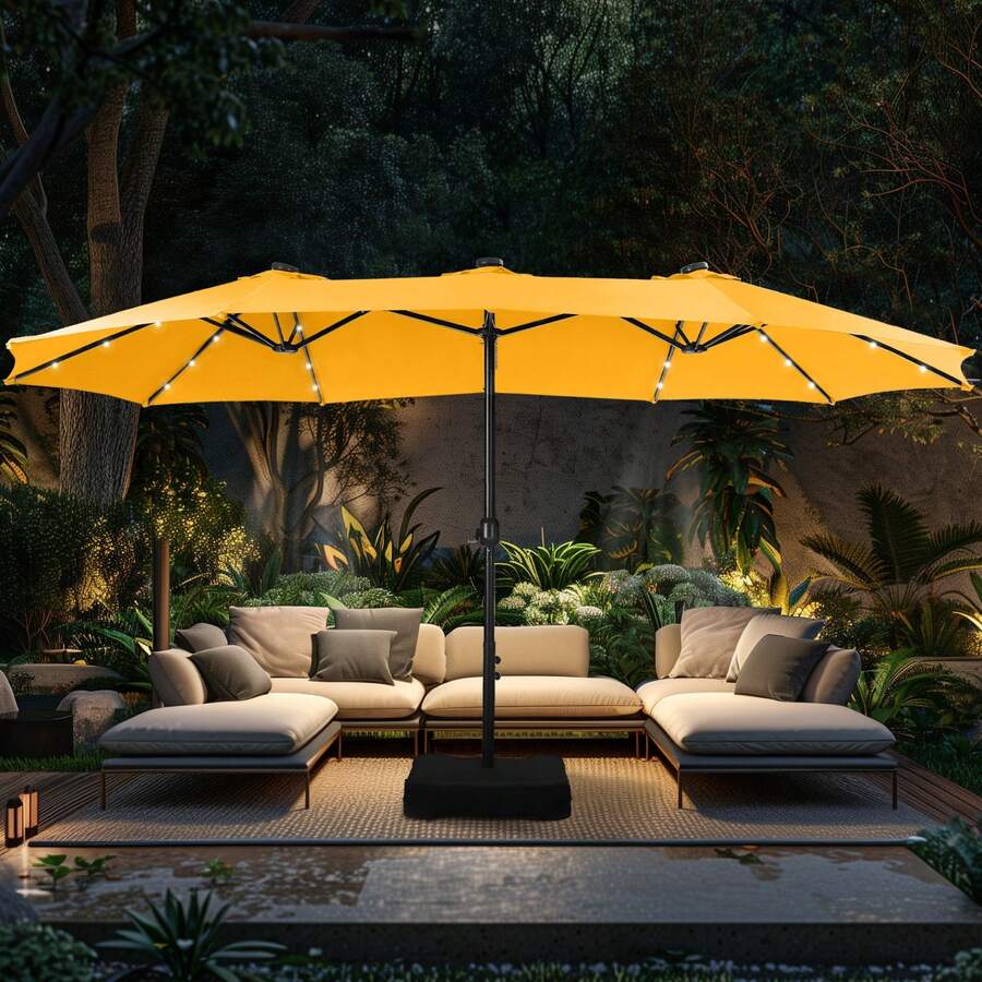 15ft Extra Large Outdoor Patio Double-Sided Umbrella With LED Solar Lights & Umbrella Base, Beige - Gold Yellow - View 1