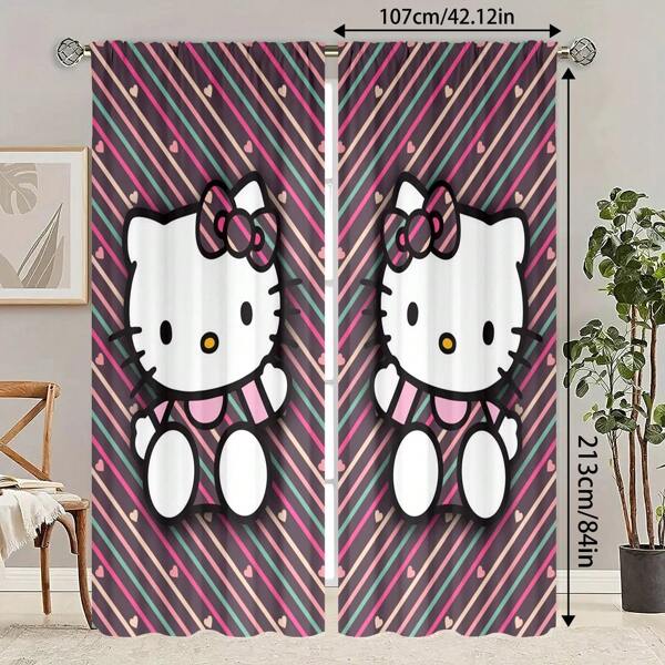 Sanrio 2 Pcs Sanrio Theme Hello Kitty & Kuromi Print Semi-Sheer Curtains - Made Of Polyester With Rod Pocket Design, Easy To Hang, Cartoon Print Curtains Suitable For Bedroom, Office, Living Room, Home Decor