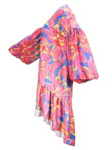 Women's Summer Chiffon Floral Print Kimono/Coverup, Long Sleeve, Asymmetrical Hem, Suitable For Outdoor, Beach, Vacation