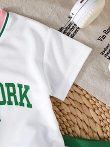 2pcs Baby Girl Girls Casual Letter Graphic Print Short Sleeve Top Matched With Pleated Skirt Sports Outfit, Suitable For School, Holiday, Cheerleading, Summer