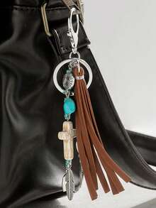 1 pieza Llavero de estilo vaquero occidental retro, llavero con colgante de borla, turquesa, cruz, hoja, herradura, llavero de cuentas de turquesa y borla, regalo de estilo occidental, llavero de cruz, decoración de borla, vaquera hippie occidental, llavero de coche, llavero de cruz, accesorio de bolsa, regalos para uso diario, hombres y mujeres, accesorios de coche/bolsa, mochila, recuerdo, regalo