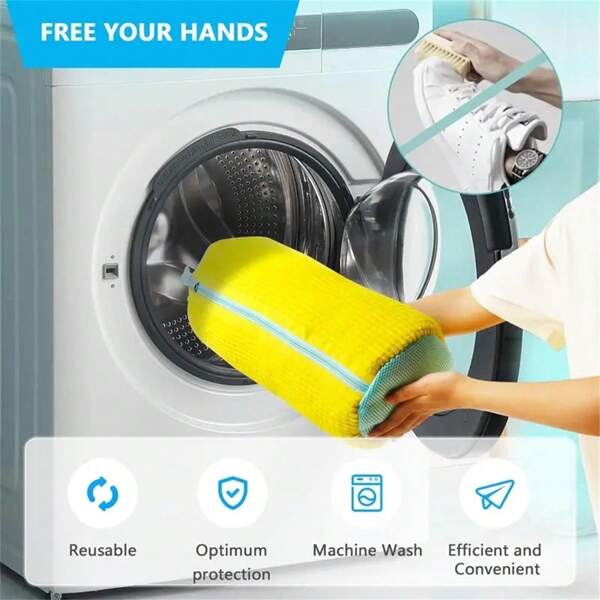 Sac de machine à laver les chaussures durable pour tous les types de chaussures - jaune avec fermeture éclair bleue, sac de lavage protecteur avec un intérieur moelleux riche, idéal pour les baskets et les chaussures décontractées, sac de lavage, sacs de lavage