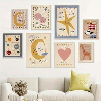 1PC Optional Frame Bohemian Sun, Moon & Animal Cartoon Canvas Art Print For Illustrations With French Phrases, Perfect For Home Or Restaurant Decor, Cute Room Decor ,Wall Art With Frame