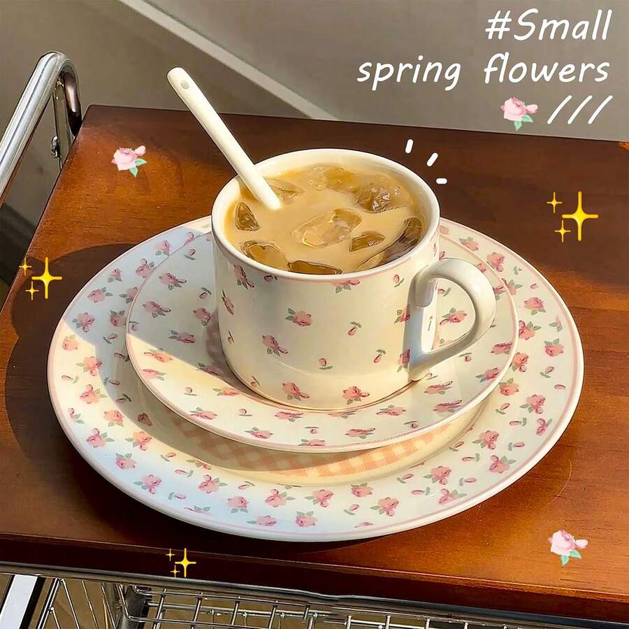 1 套法式复古碎花陶瓷咖啡杯碟，早餐牛奶杯，面包盘，家用下午茶咖啡杯，拿铁艺术杯，果汁饮料杯，甜点蛋糕盘，水果沙拉盘，节日礼物，纪念品返校