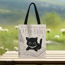 1 pièce Sac fourre-tout en canevas "La vie est meilleure avec des chats et des livres" - Sac à épaule mignon pour amateurs de chats, sac fourre-tout kawaii pour dames, design de chat noir et de livre pour femmes à la mode, sac fourre-tout unique et élégant