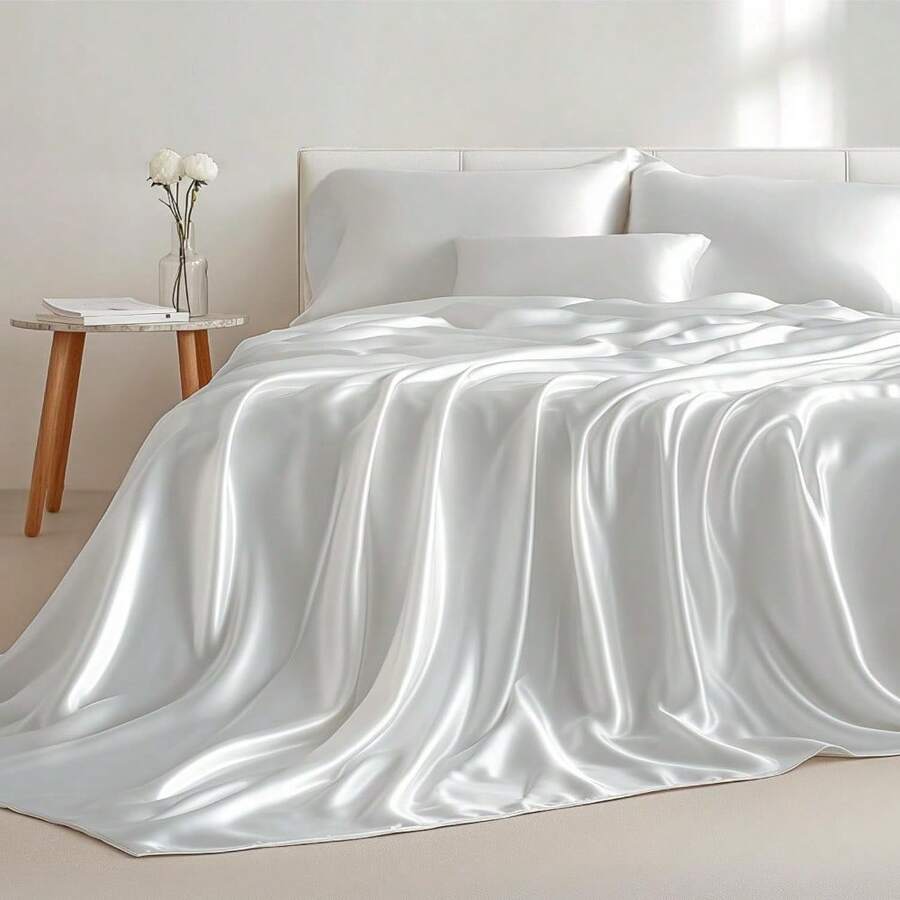 Luxurious Silver Grey Satin Sheets Queen Size 4 Pieces Bedding Set - Similar To Silk Sheets, Non-Fading & Wrinkle Free, Perfect For Hair & Skin, Ideal Gifts For Women - 07-pure White - View 1