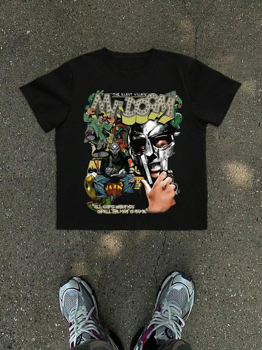 Men's Sports T-Shirt 1Pcs 100% Cotton 220g Digital Print Express A Unique Villain Style With The Words "THE ILLEST VILLAIN" "MR DOM" An Illustration Of A Masked Person And The Message "ALL CAPS WHEN YOU SPELL THE MAN'S NAME" - Black - View 1