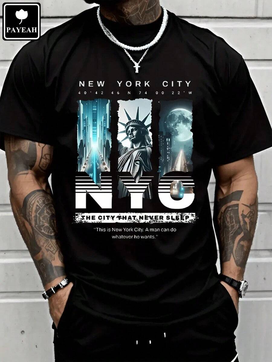 PAYEAH New York Sky Freedom Graphic Print T-Shirt 100% Heavy Cotton T ShirtMen's Casual Cotton Short Sleeve T-Shirt – Basic Summer Tee For Men (S-XXXL) Cotton , Vintage, Cotton, Cotton Shirts, Graphic Tees, Romwe, Funny T Shirts, Graphic Tees, Western, White Graphic Tees - 黑色 - 查看 1