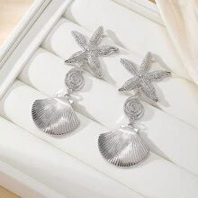 Pendientes colgantes con borlas, conchas metálicas retro exageradas y estrellas de mar para mujeres