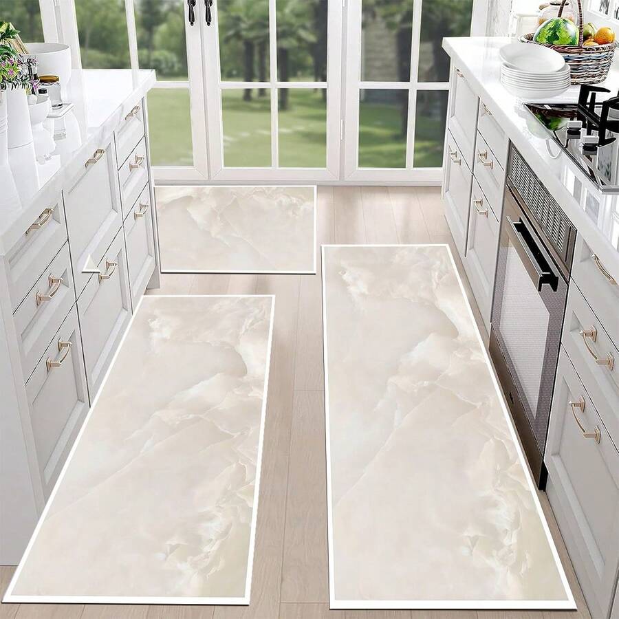 1/2pcs Marble Texture Pattern Kitchen Mat, Suitable For Indoor/Outdoor, Absorbent & Dirt-Proof, Applicable For Bedroom, Bathroom, Kitchen, Entrance - Machine Washable Home Decor - White - View 1